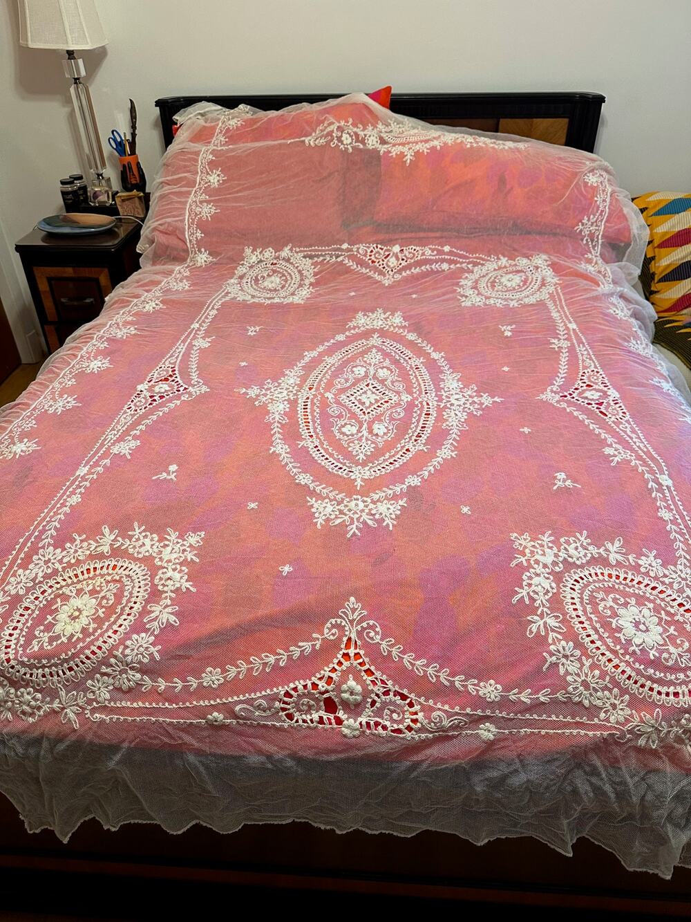 Vintage White Tambour Embroidered Lace Net Twin Size Coverlet